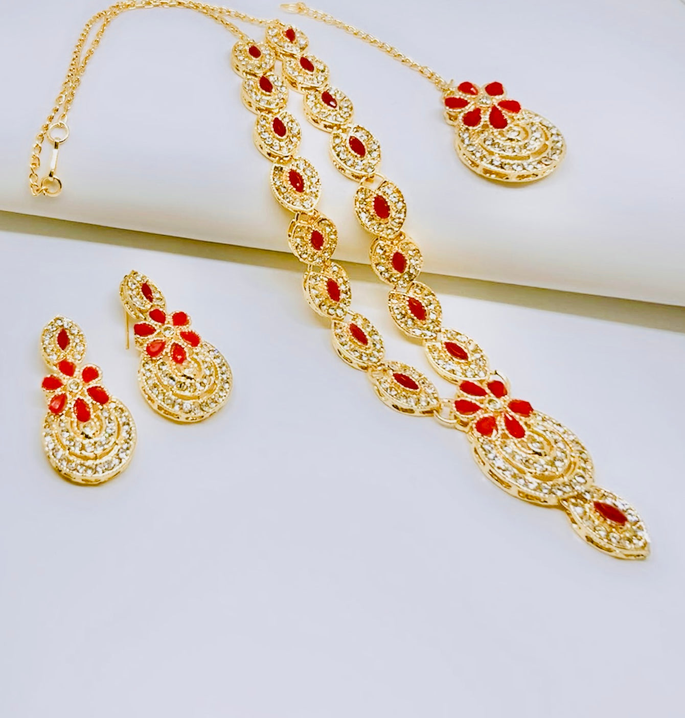 Golden Red Crystal Necklace Set for Women | Elegant Bridal Jewelry – UniqeTrader